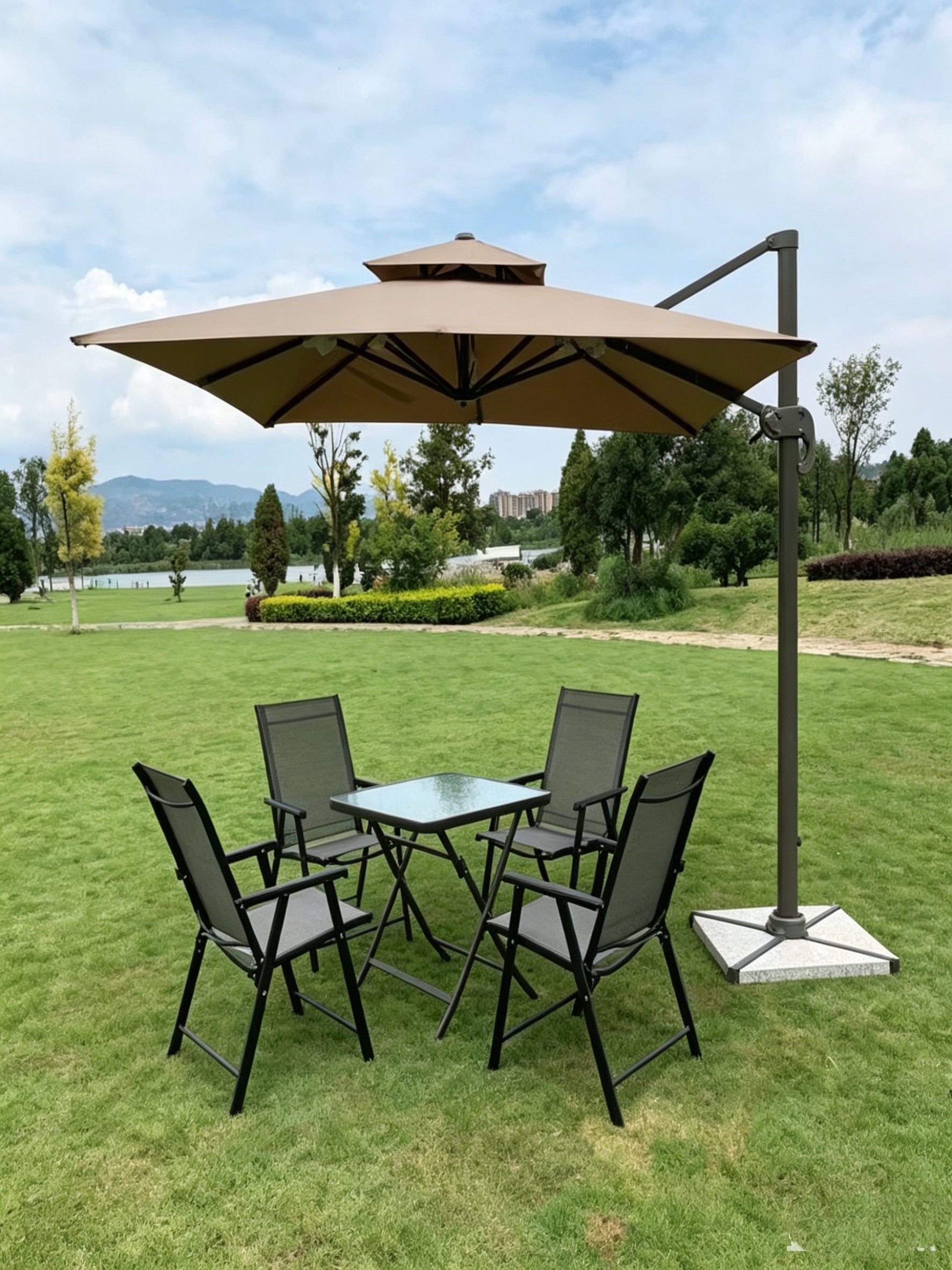 Double-Top Cantilever Patio Umbrella, 360° Rotation Outdoor Offset Sun Shade for Garden & Backyard