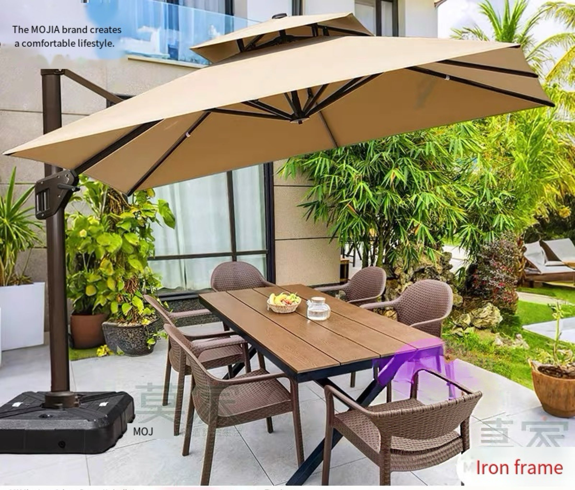 All Weather Patio Dining Set with Solar LED Offset Cantilever Umbrella