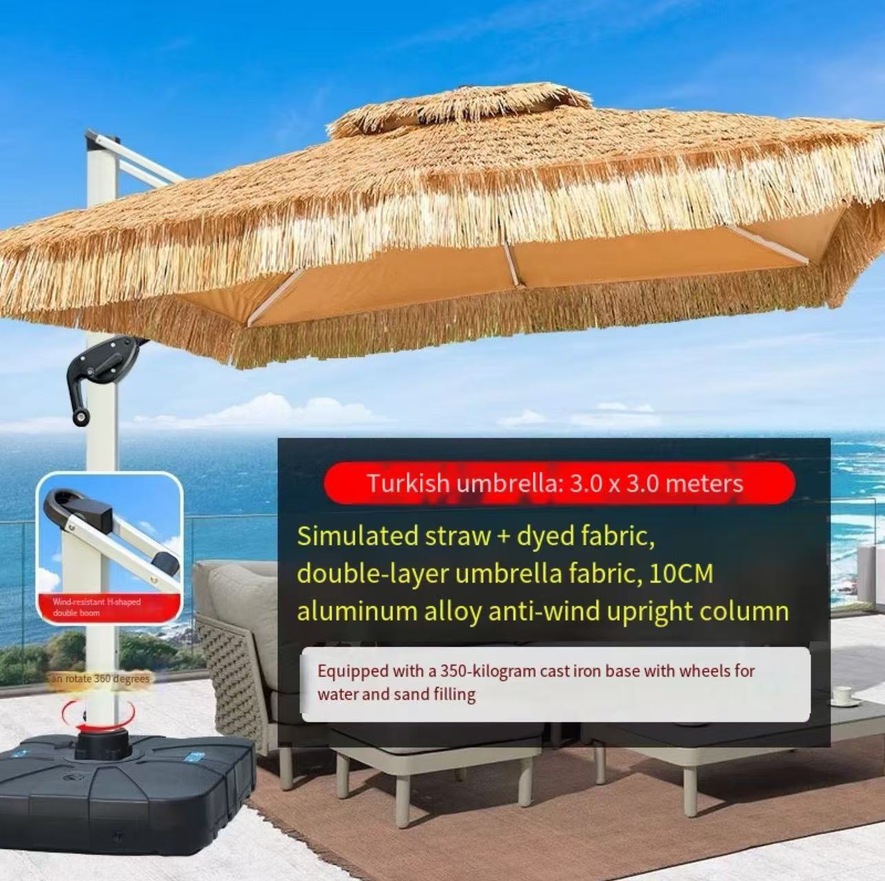 2.5x2.5m Straw LED Cantilever Umbrella Windproof Aluminum Frame Wheeled Fillable Base
