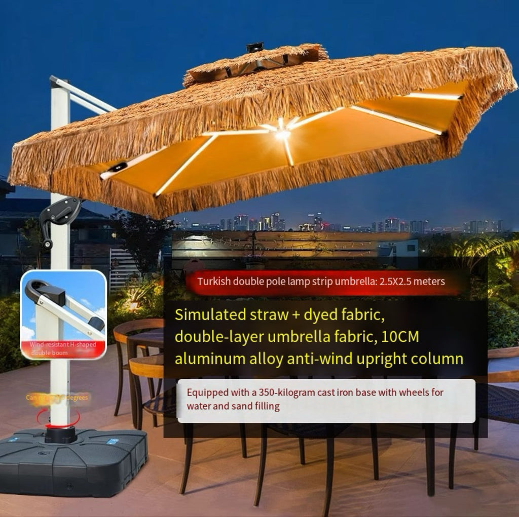 2.5x2.5m Straw LED Cantilever Umbrella Windproof Aluminum Frame Wheeled Fillable Base