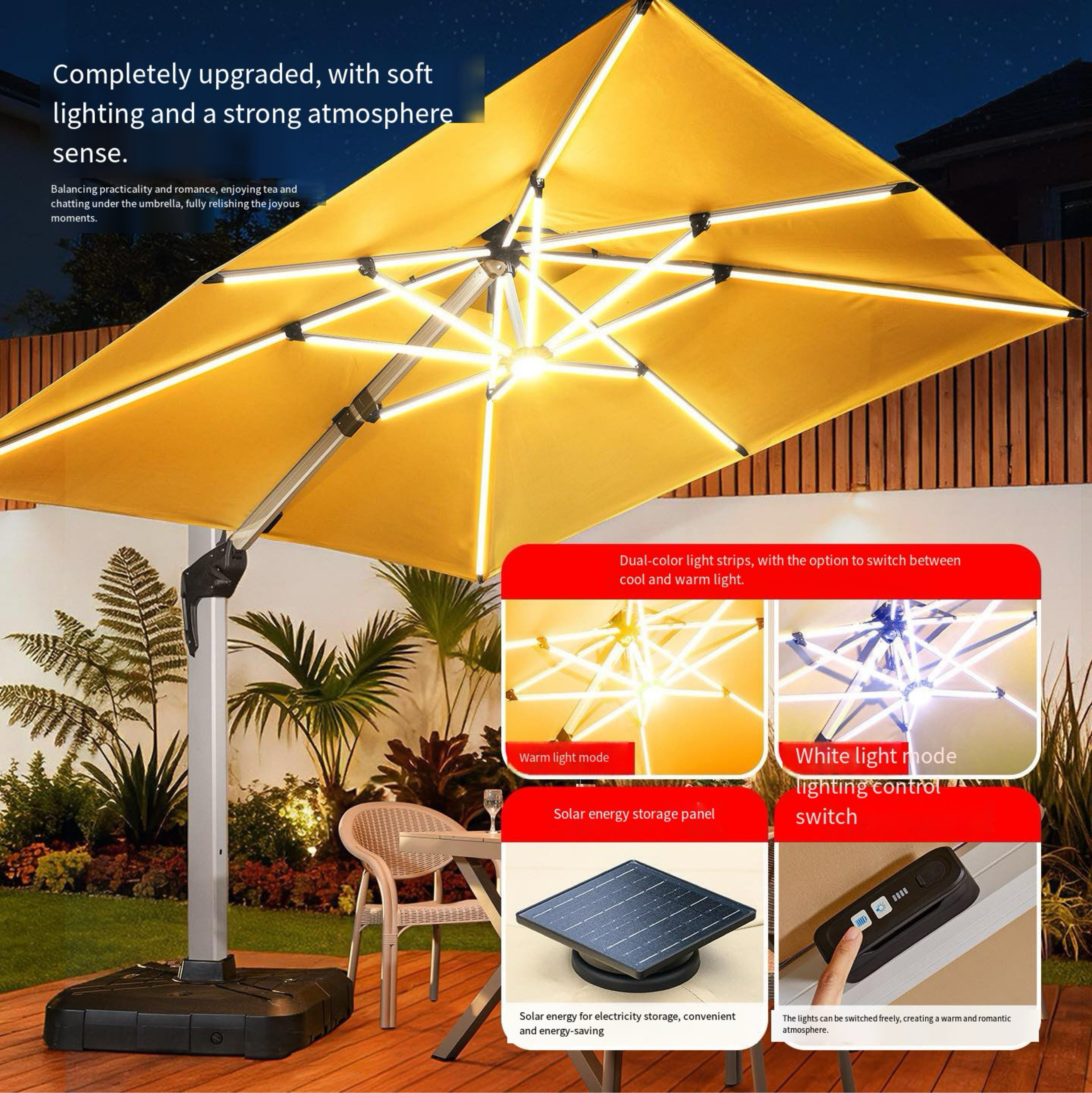 Solar Dual Color LED Cantilever Patio Umbrella 360° Rotate Aluminum Frame