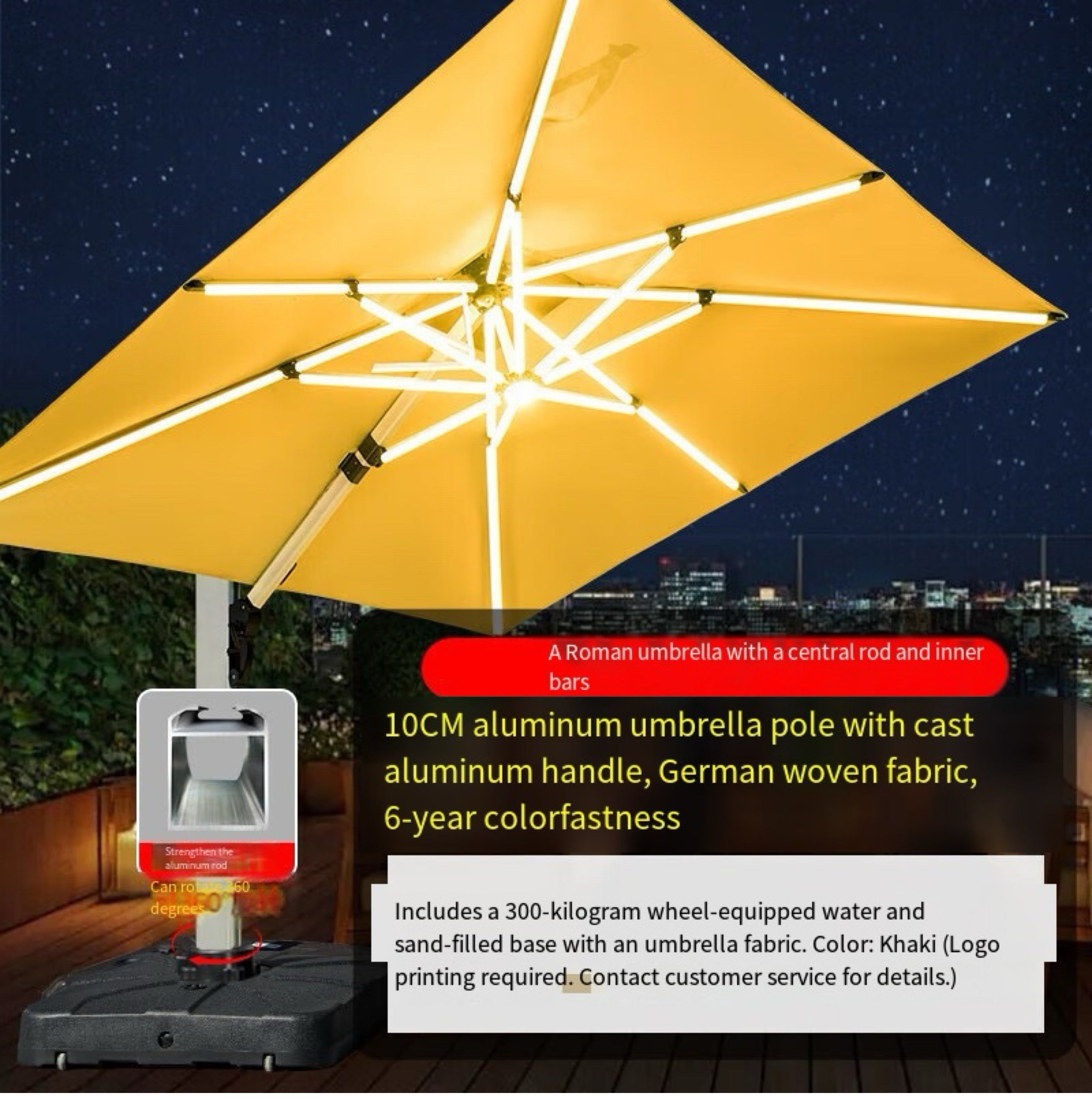 Solar Dual Color LED Cantilever Patio Umbrella 360° Rotate Aluminum Frame