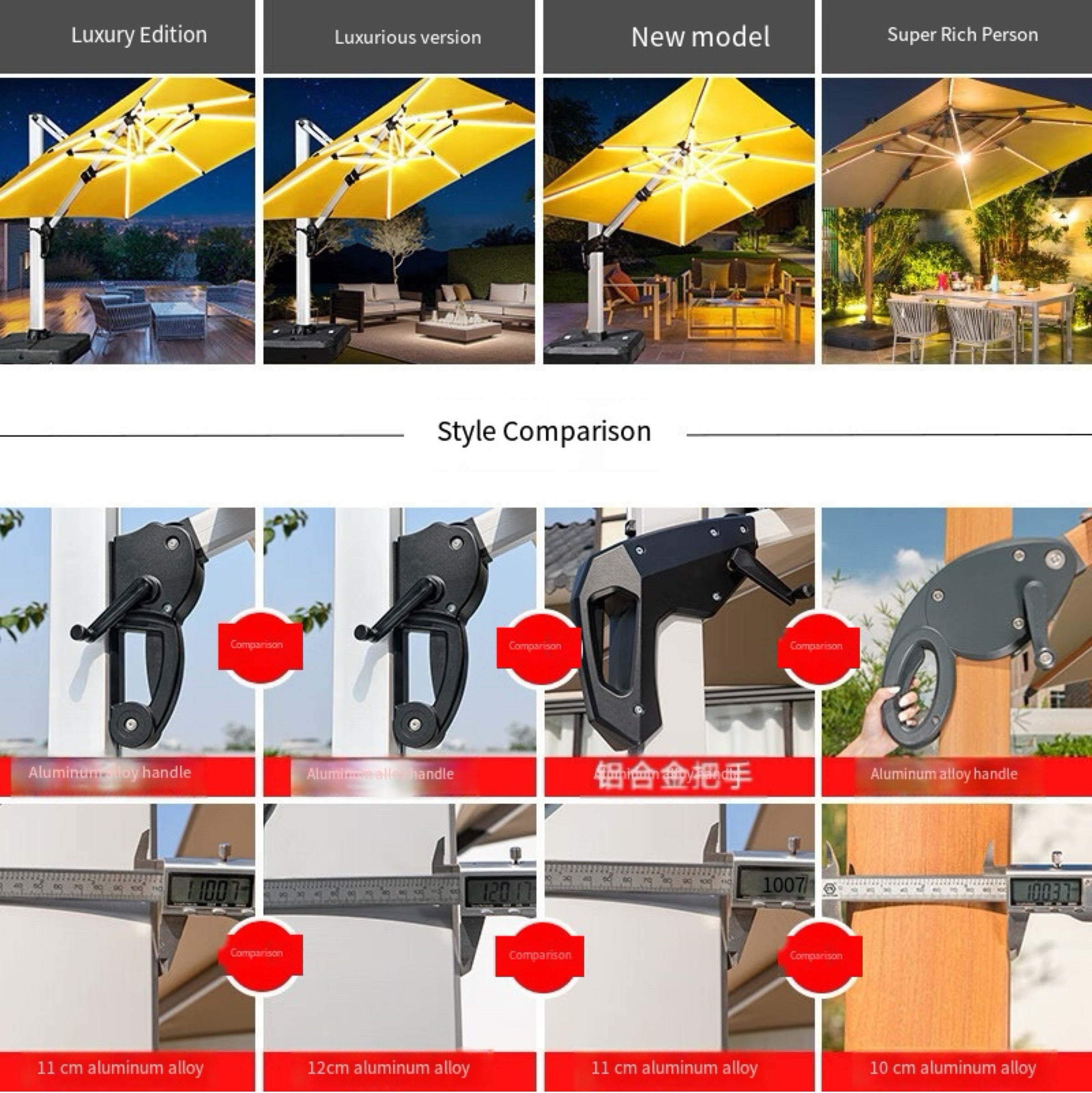 Solar Dual Color LED Cantilever Patio Umbrella 360° Rotate Aluminum Frame