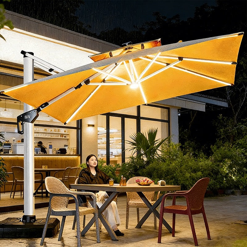 Solar Dual Color LED Cantilever Patio Umbrella 360° Rotate Aluminum Frame