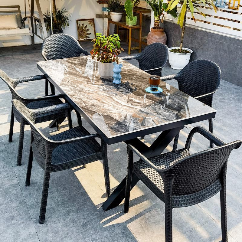 Sintered Stone Outdoor Dining Set with 6 Rattan Chairs
