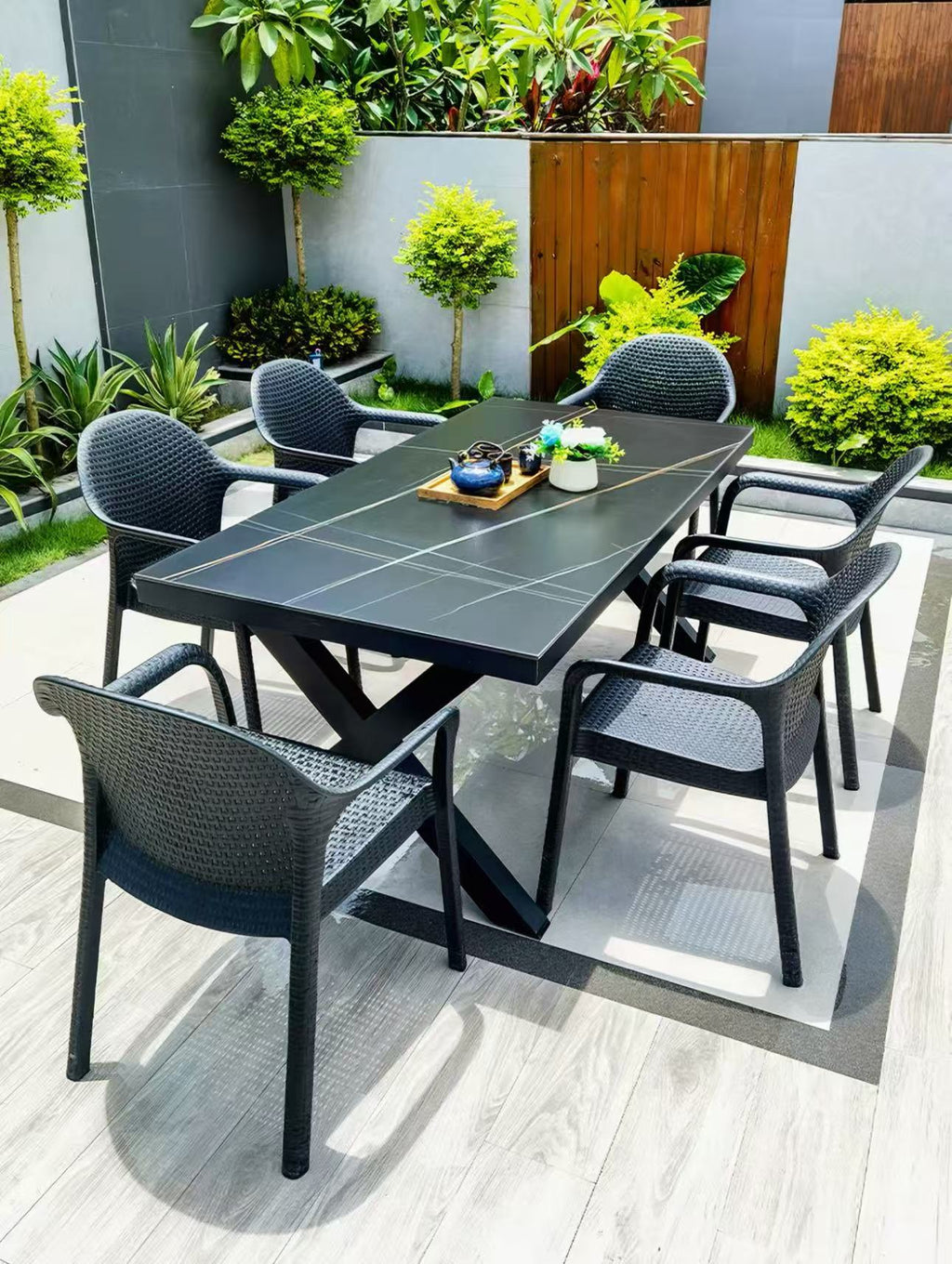Outdoor Rattan Patio Set, Stone Table & Armrest Chairs For Garden Backyard