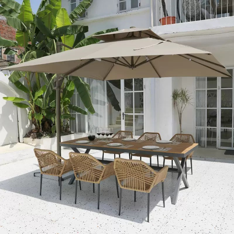 Wood Top Outdoor Patio Dining Set with Rattan Chairs