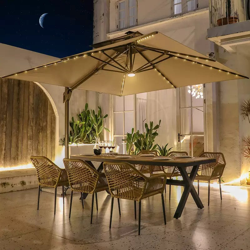 Wood Top Outdoor Patio Dining Set with Rattan Chairs