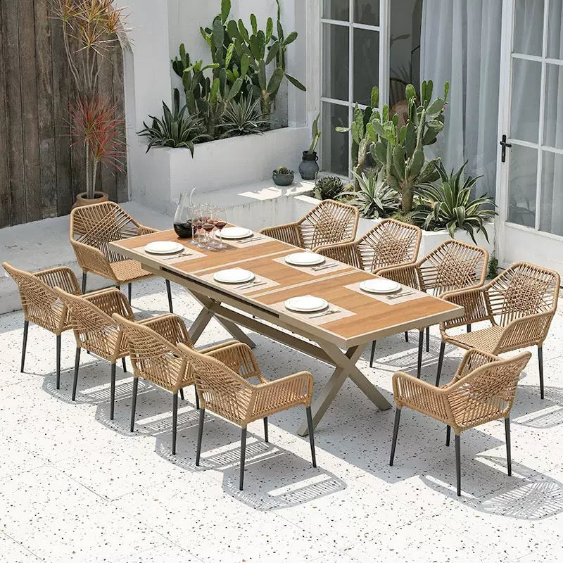 Wood Top Outdoor Patio Dining Set with Rattan Chairs