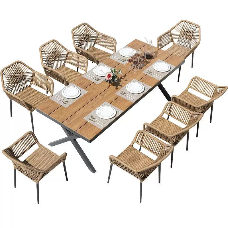 Wood Top Outdoor Patio Dining Set with Rattan Chairs