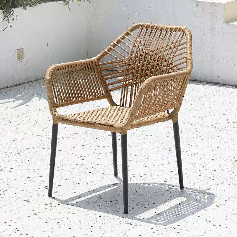 Wood Top Outdoor Patio Dining Set with Rattan Chairs