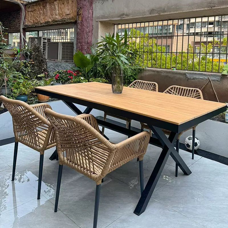 Wood Top Outdoor Patio Dining Set with Rattan Chairs