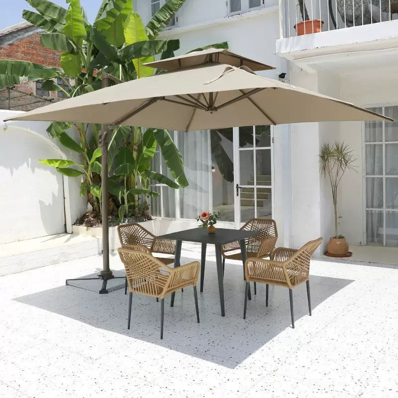 Wood Top Outdoor Patio Dining Set with Rattan Chairs