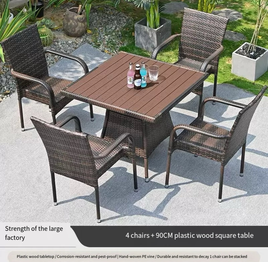 Rattan Patio Dining Set, Glass Top Outdoor Table & Wicker Chairs
