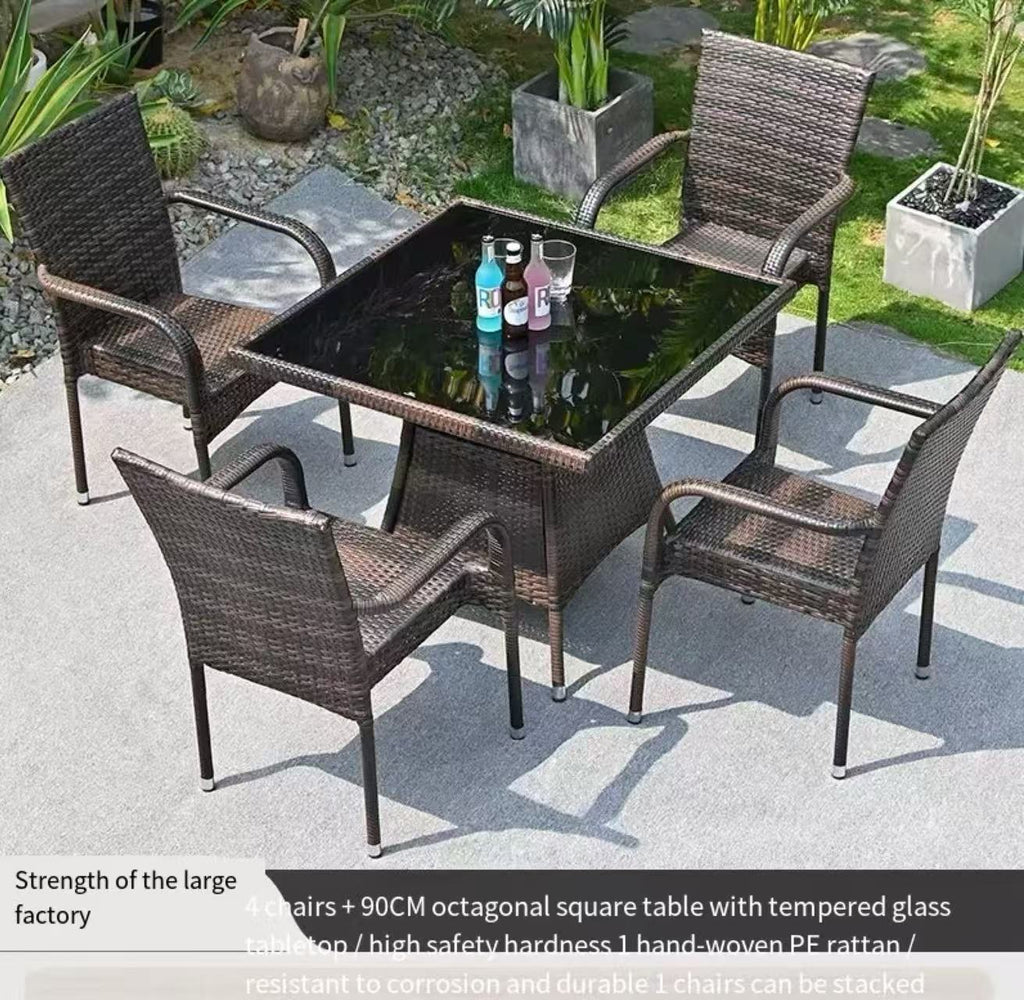 Rattan Patio Dining Set, Glass Top Outdoor Table & Wicker Chairs
