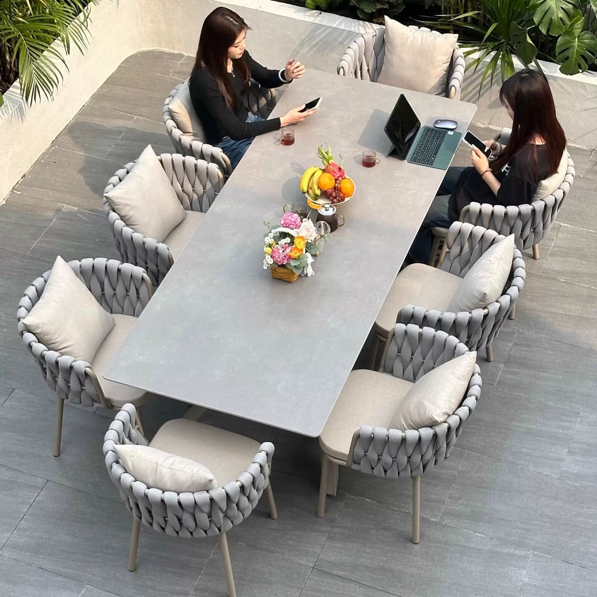 Rattan Patio Dining Set, Glass Top Outdoor Table & Wicker Chairs