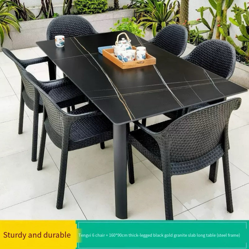 Outdoor Patio Dining Set, Rock Slate Table & PE Rattan Arm Chairs