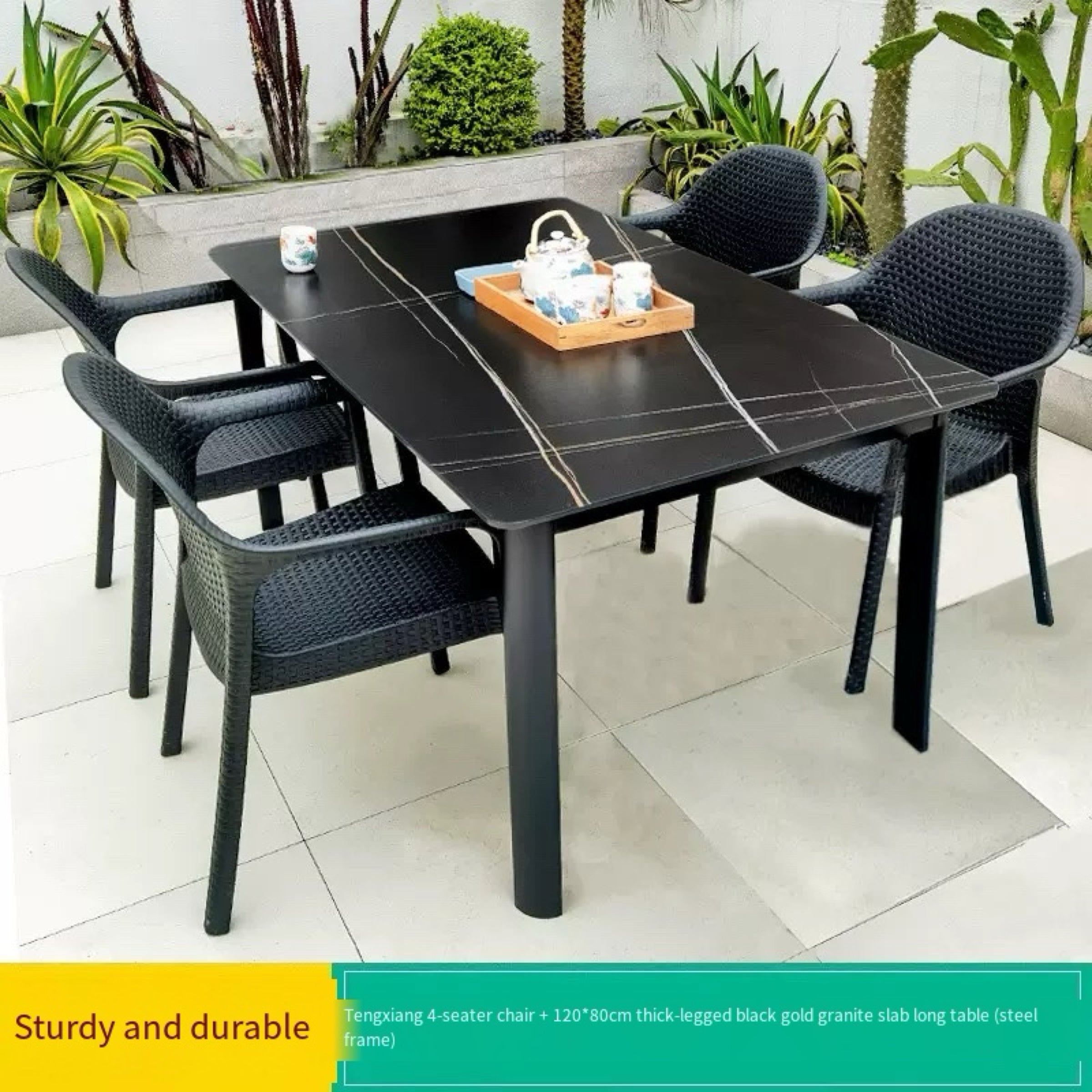 Outdoor Patio Dining Set, Rock Slate Table & PE Rattan Arm Chairs